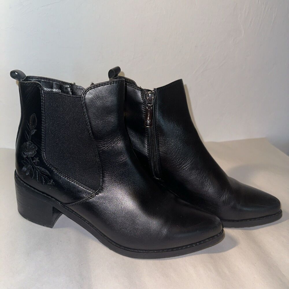 Blondo Black Leather Sporting Life Ankle Boots With Rose Embroidery 8